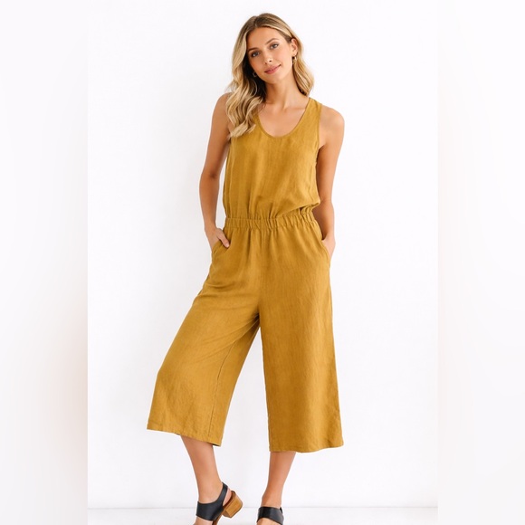 Ulla Johnson Lee Linen Jumpsuit Wide Leg LagenLook Minimalist Mustard Yellow 6